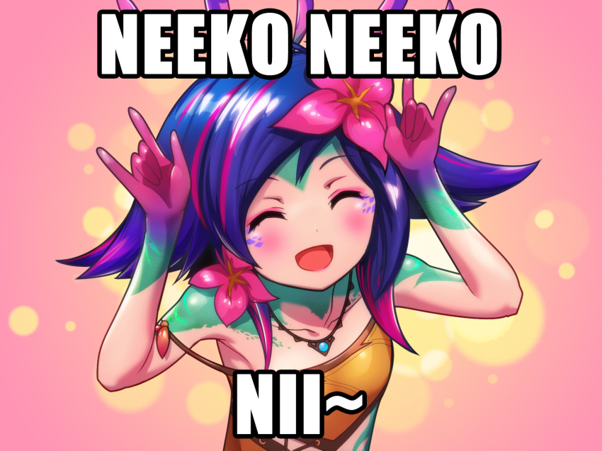 :d \m/ ^_^ ^o^ bare_shoulders blue_hair blush bodypaint closed_eyes commentary english flower hair_flower hair_ornament highres impact_(font) league_of_legends lizard_tail love_live! love_live!_school_idol_project namesake navel neeko_(league_of_legends) nico_nico_nii open_mouth parody phantom_ix_row pink_background pink_hair simple_background smile solo strap_slip tail text_focus