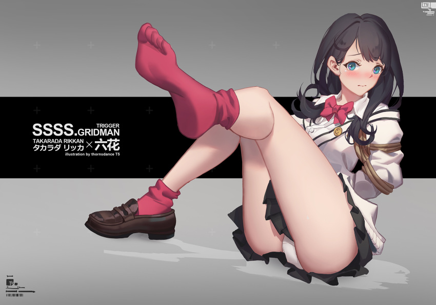 arms_behind_back bangs bdsm black_hair black_skirt blue_eyes blush bondage bound bow closed_mouth commentary_request feet highres ibara_dance long_hair looking_at_viewer panties pantyshot pantyshot_(sitting) pleated_skirt red_bow red_legwear school_uniform shoes single_shoe sitting skirt socks solo ssss.gridman takarada_rikka underwear white_cardigan white_panties