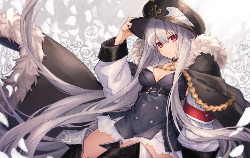 1girl adjusting_headwear aiguillette armband baggy_clothes bangs belt black_hat black_skirt blush boots breasts buckle cleavage commentary cross_choker double-breasted dress eyebrows_visible_through_hair floating_hair fur-trimmed_cloak fur_trim girls_frontline hair_between_eyes hat iron_cross jacket_on_shoulders kar98k_(girls_frontline) long_hair looking_at_viewer military military_uniform open_mouth peaked_cap red_eyes silver_hair skirt solo thigh_boots thighhighs uniform very_long_hair