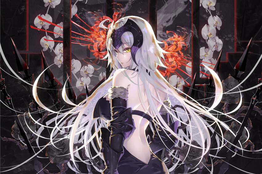 ahoge armor back bangs black_dress black_flower black_rose breasts commentary_request dress eyebrows_visible_through_hair fate/apocrypha fate/grand_order fate_(series) floating_hair flower from_behind gauntlets headpiece highres jeanne_d'arc_(alter)_(fate) jeanne_d'arc_(fate) jeanne_d'arc_(fate)_(all) large_breasts long_hair looking_at_viewer looking_back open_mouth rose silver_hair solo tsurime tsurukame very_long_hair yellow_eyes