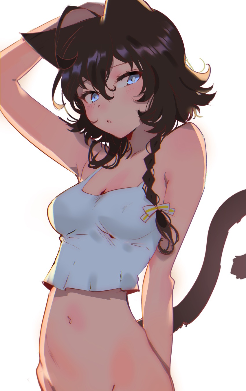 absurdres ahoge animal_ears arm_behind_back arm_up armpits arutera backlighting banned_artist blue_eyes bottomless braid breasts bright_pupils camisole cat_ears cat_tail cleavage commentary_request cowboy_shot crop_top hair_between_eyes hair_tie highres medium_breasts navel original out-of-frame_censoring parted_lips short_hair short_hair_with_long_locks side_braid simple_background single_braid solo tail tail_raised white_background