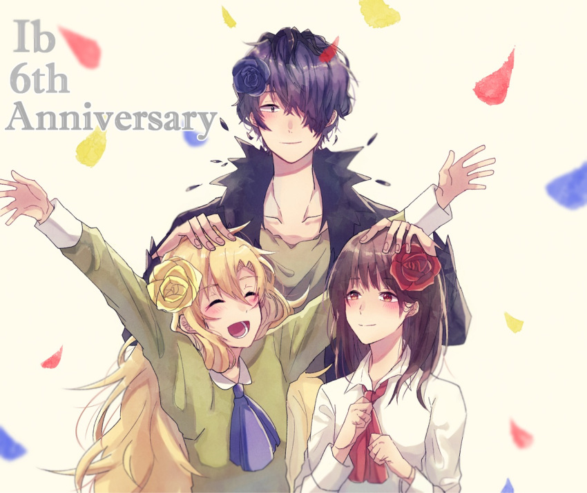 2girls :d anniversary arms_up black_flower blonde_hair blue_neckwear blush brown_hair clenched_hand closed_eyes confetti facing_viewer flower garry_(ib) hair_flower hair_ornament hair_over_one_eye hand_on_another's_head ib ib_(ib) light_smile long_hair mary_(ib) medium_hair multiple_girls oga_sleep open_mouth red_flower red_neckwear smile upper_body very_long_hair white_background yellow_flower