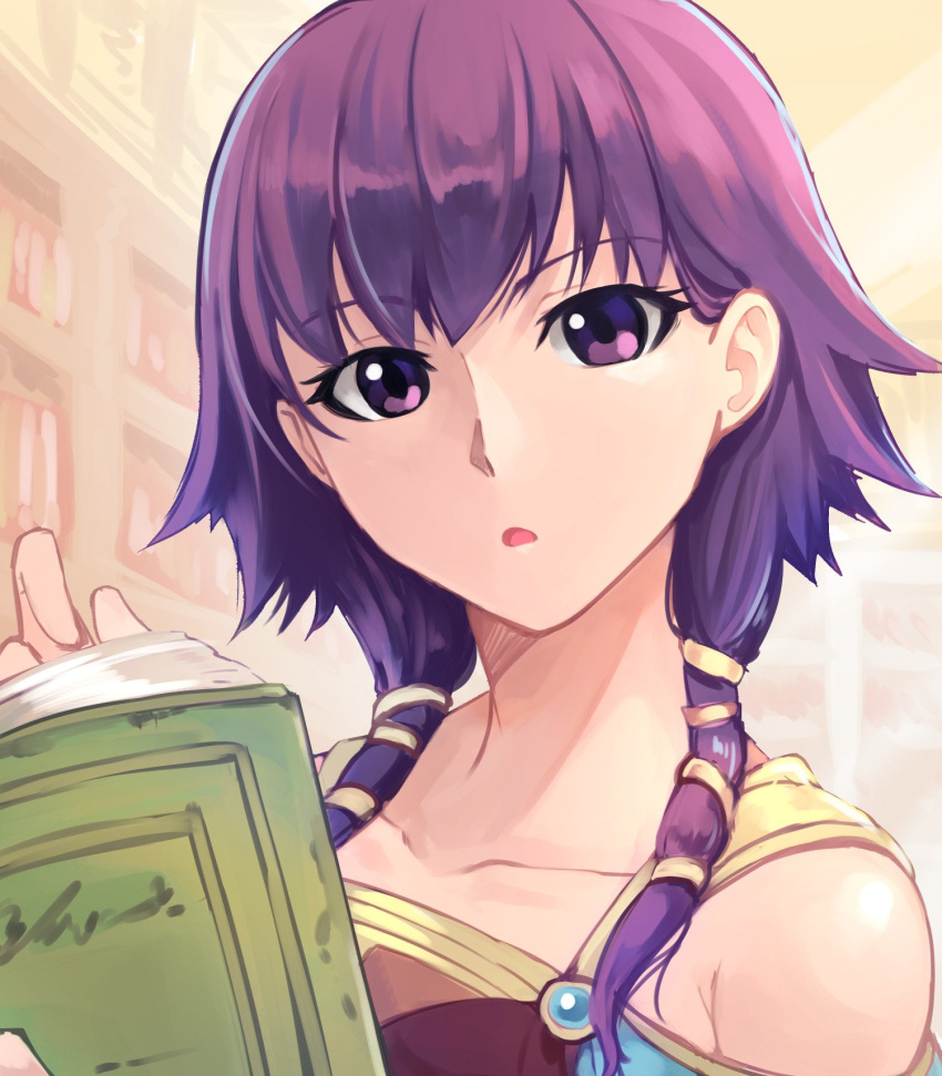 bare_shoulders blush dress fire_emblem fire_emblem:_seima_no_kouseki fire_emblem_heroes highres jewelry looking_at_viewer lute_(fire_emblem) nakabayashi_zun purple_eyes purple_hair solo twintails