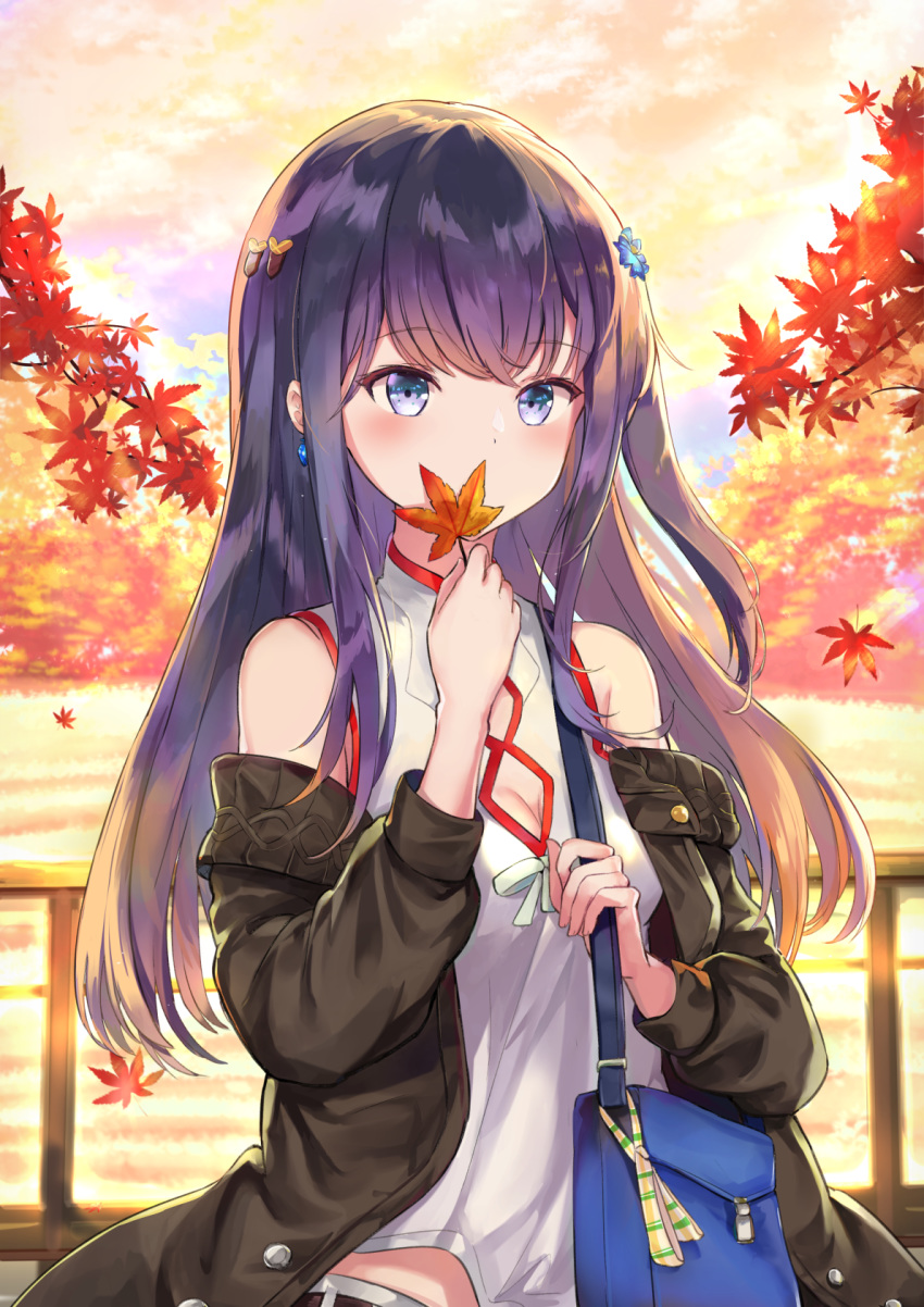 autumn_leaves bag bare_shoulders bow breasts brown_jacket cleavage cleavage_cutout commentary_request highres holding holding_leaf jacket leaf long_hair maple_leaf mosta_(lo1777789) off_shoulder open_clothes open_jacket original purple_eyes purple_hair shirt shoulder_bag sleeveless sleeveless_shirt small_breasts solo very_long_hair white_bow white_shirt
