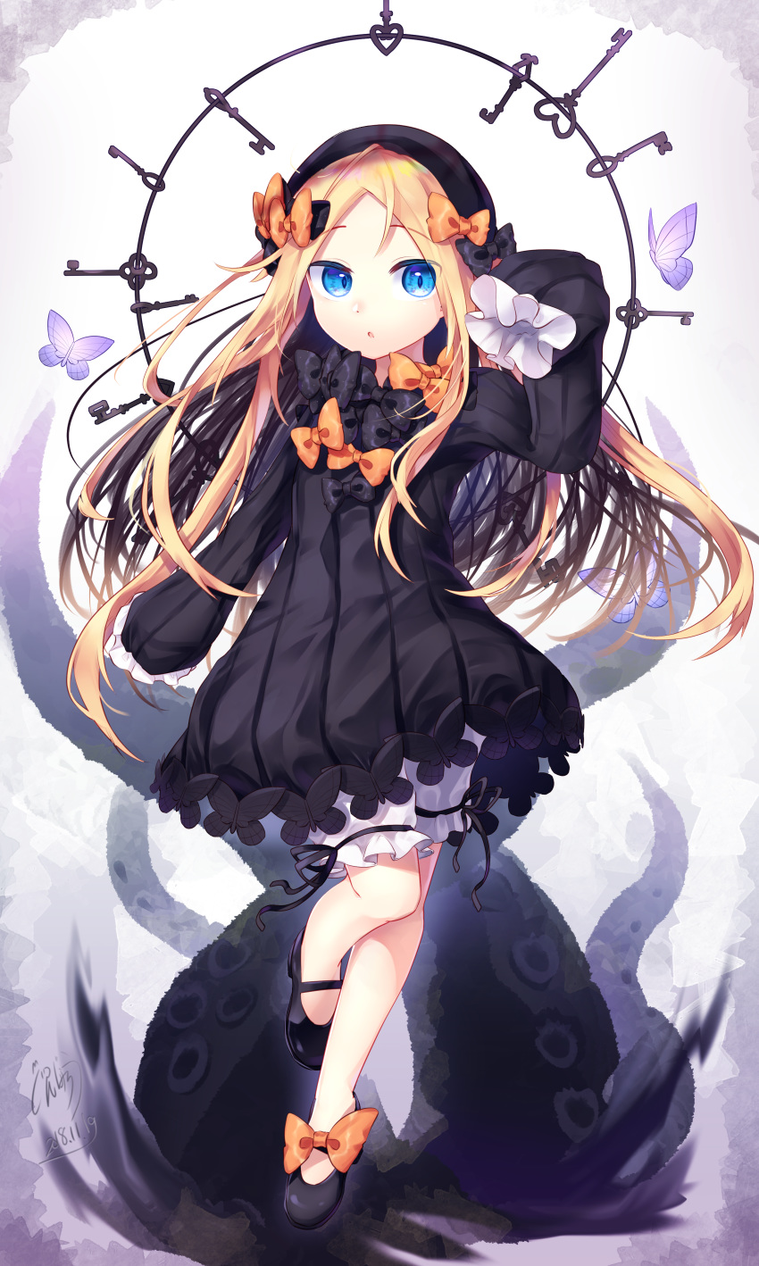 abigail_williams_(fate/grand_order) absurdres arm_up bangs black_bow black_dress black_footwear black_hat blonde_hair bloomers blue_eyes blush bow bug butterfly commentary_request dress eyebrows_visible_through_hair fate/grand_order fate_(series) forehead gunjou_row hair_bow hat highres insect key long_hair long_sleeves looking_at_viewer mary_janes orange_bow parted_bangs parted_lips polka_dot polka_dot_bow shoes sleeves_past_fingers sleeves_past_wrists solo standing standing_on_one_leg suction_cups tentacles underwear very_long_hair white_bloomers