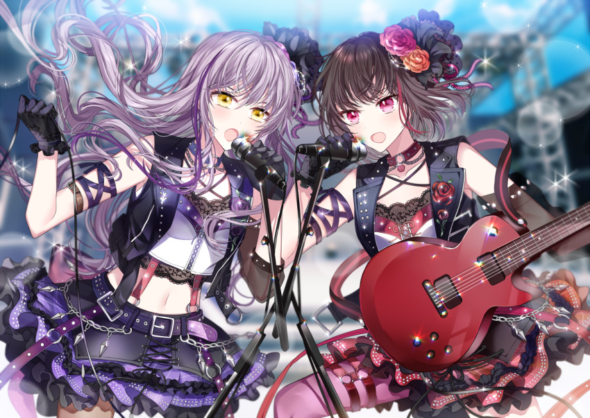 :o armband bang_dream! bangs belt black_belt black_gloves black_hair black_vest blurry blurry_background cable chain_necklace choker commentary_request crossed_bangs detached_sleeves electric_guitar flower glint gloves guitar hair_flower hair_ornament hair_ribbon holding_cable instrument lavender_hair lens_flare long_hair microphone microphone_stand midriff minato_yukina mitake_ran multicolored_hair multiple_girls navel nennen o-ring o-ring_choker orange_flower orange_rose pantyhose pink_flower pink_legwear pink_rose purple_eyes purple_hair purple_ribbon purple_skirt red_hair red_skirt ribbon rose scaffolding short_hair single_detached_sleeve skirt strap streaked_hair studded_belt studded_choker suspenders thigh_strap vest yellow_eyes