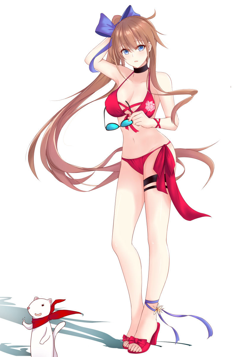 absurdres ankle_ribbon bikini blue_eyes blush breasts brown_hair choker cleavage commentary commentary_request fal_(girls_frontline) ferret girls_frontline high_heels highres hiroshi_(2443303124) looking_at_viewer ribbon side_ponytail smile swimsuit thumbs_up