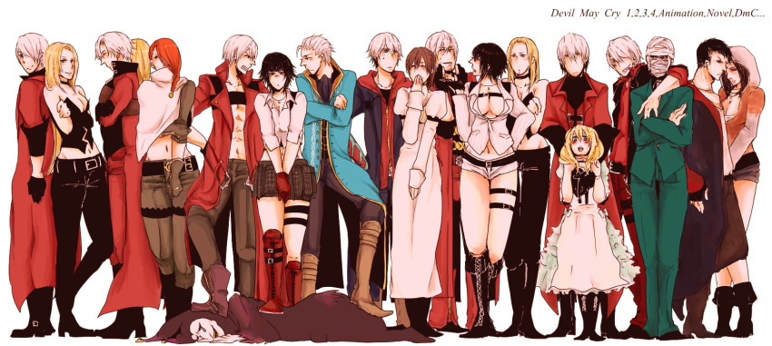6+girls bandaged_head bandages bell belt belt_buckle black_hair blonde_hair blue_coat blush boots braid brown_hair buckle coat collar covering_mouth crossed_arms crying dante_(devil_may_cry) devil_may_cry devil_may_cry_(anime) devil_may_cry_2 devil_may_cry_3 devil_may_cry_4 dmc:_devil_may_cry dress fingerless_gloves formal gilver gloves hand_over_own_mouth highres jester_(dmc3) jewelry kat_(devil_may_cry) kyrie long_hair lucia_(devil_may_cry) medium_hair multiple_boys multiple_girls necklace nero_(devil_may_cry) open_mouth orange_hair patty_lowell red_coat scar short_hair short_shorts shorts simple_background smile standing stepped_on stepping suit sweatdrop trish_(devil_may_cry) vergil white_background white_hair yunako_(nkmichi)
