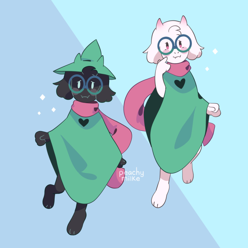 &lt;3 2018 3_toes alternate_color ambiguous_gender anthro biped black_fur blue_eyes blush clothed clothing deltarune digital_media_(artwork) duo eyewear floating floppy_ears fully_clothed fur glasses green_hat green_robe hat head_tuft horn looking_at_viewer paws peachiibon pink_eyes pink_scarf pointing pointing_at_head pointing_at_self portrait ralsei robe scarf shy signature smile sparkle suspended_in_midair text toes video_games watermark white_fur witch_hat young