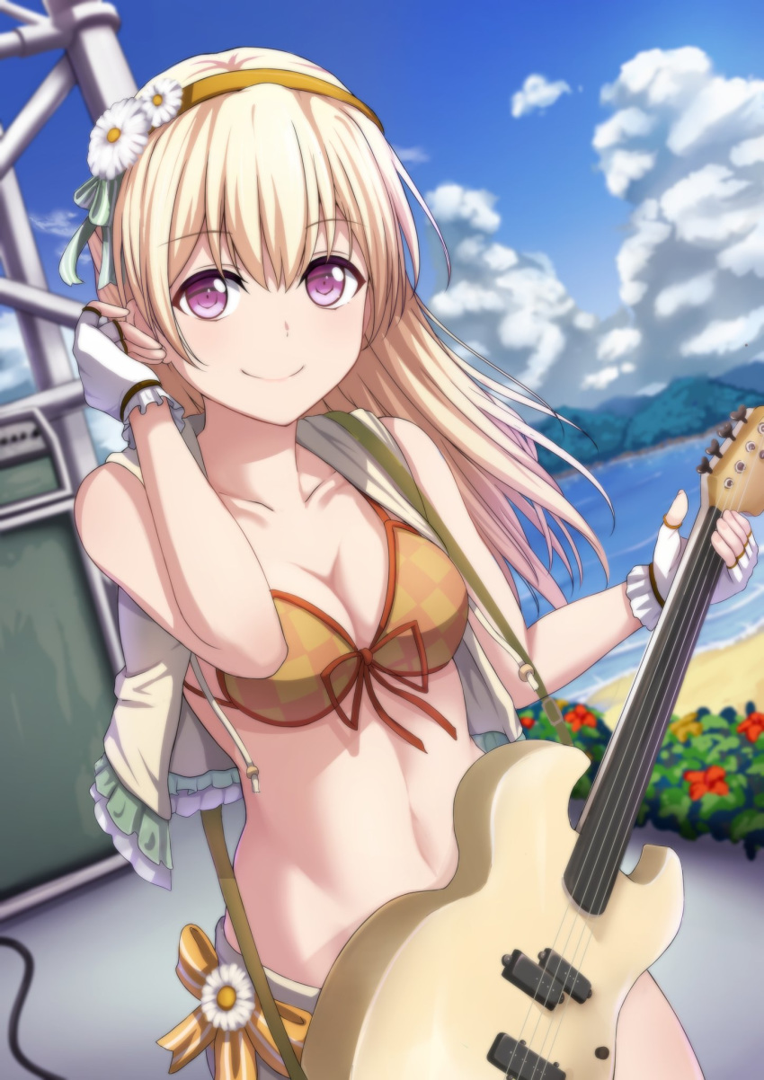 bang_dream! bangs beach bikini blonde_hair bow breasts cable cleavage cloud collarbone commentary_request day electric_guitar fingerless_gloves flower frilled_gloves frills front-tie_bikini front-tie_top gloves green_ribbon guitar hair_flower hair_ornament hair_ribbon hairband highres instrument long_hair looking_at_viewer medium_breasts narafume orange_bikini orange_bow outdoors purple_eyes ribbon scaffolding shirasagi_chisato smile solo speaker swimsuit vest white_flower white_gloves