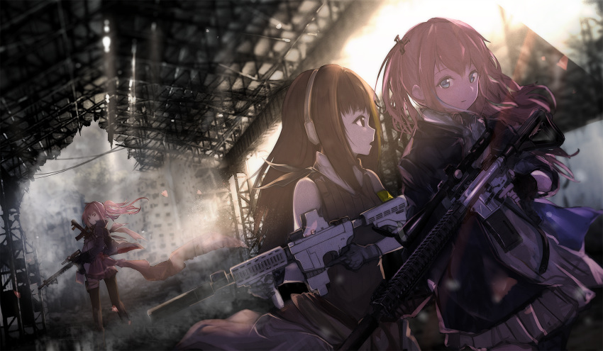 ar-15 armband assault_rifle b_b_b_b66 bangs blonde_hair blue_eyes breasts brown_eyes brown_hair closed_mouth clothes_around_waist commentary dress dual_wielding dust dust_particles eyebrows_visible_through_hair fingerless_gloves floating_hair girls_frontline gloves gun hair_between_eyes hair_ornament headphones highres holding holding_gun holding_weapon indoors jacket jacket_around_waist long_hair looking_at_viewer m4_carbine m4a1_(girls_frontline) magpul mod3_(girls_frontline) multicolored_hair multiple_girls one_side_up pink_hair ponytail remembering rifle ruins scarf side_ponytail sidelocks single_thighhigh st_ar-15_(girls_frontline) streaked_hair thighhighs trigger_discipline weapon