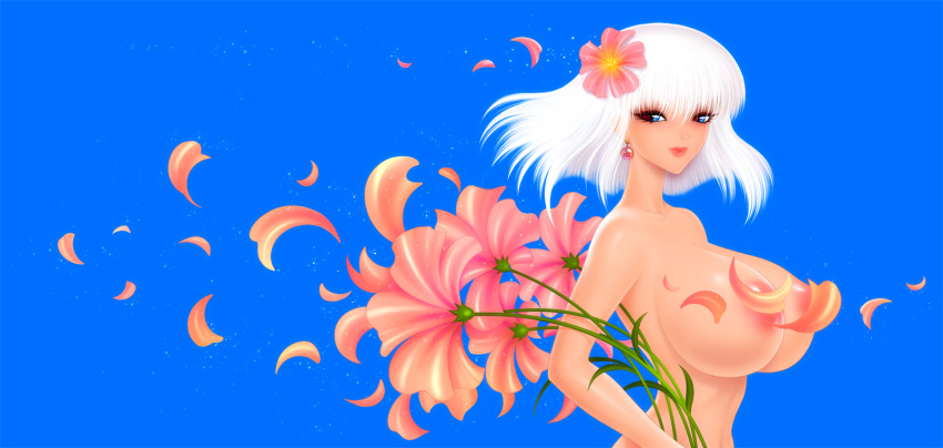 1girl akiranime areolae breasts flower huge_breasts lips lipstick long_hair looking_at_viewer makeup nude original white_hair