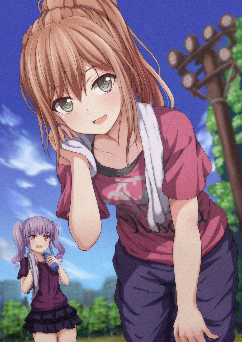 absurdres bang_dream! bangs black_shirt blurry blurry_background bottle brown_hair clothes_writing commentary_request day grey_eyes group_name hand_on_own_leg highres holding holding_bottle imai_lisa leaning_forward multiple_girls narafume open_mouth outdoors pants ponytail purple_hair purple_shirt red_eyes red_shirt shirt sidelocks smile t-shirt telephone_pole towel towel_around_neck tree twintails udagawa_ako water_bottle