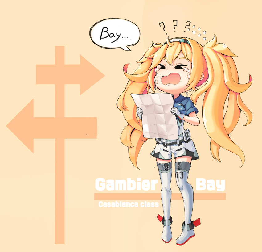 &gt;_&lt; ? absurdres belt blonde_hair blue_eyes blue_shirt breast_pocket breasts buttons collared_shirt commentary crying dltkdwls369 gambier_bay_(kantai_collection) gloves hair_between_eyes hairband highres kantai_collection large_breasts map_(object) multicolored multicolored_clothes multicolored_gloves orange_background pocket rudder_shoes shirt short_sleeves shorts simple_background solo speech_bubble tearing_up tears thighhighs title twintails white_legwear
