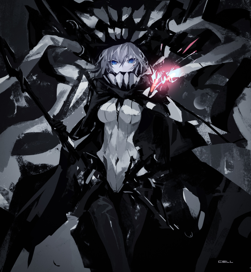 absurdres blue_eyes bodysuit breasts cane cape cell_(acorecell) glowing hand_up headgear highres holding holding_cane kantai_collection long_hair looking_at_viewer medium_breasts monster pale_skin shinkaisei-kan silver_hair simple_background solo tentacles white_skin wo-class_aircraft_carrier