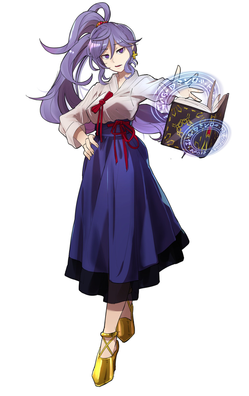 absurdres book boots breasts earrings ebinku fire_emblem fire_emblem:_seisen_no_keifu fire_emblem_heroes full_body highres ishtar_(fire_emblem) jewelry lavender_hair long_hair long_skirt looking_at_viewer magic ponytail purple_eyes purple_hair shirt side_ponytail silver_hair skirt solo