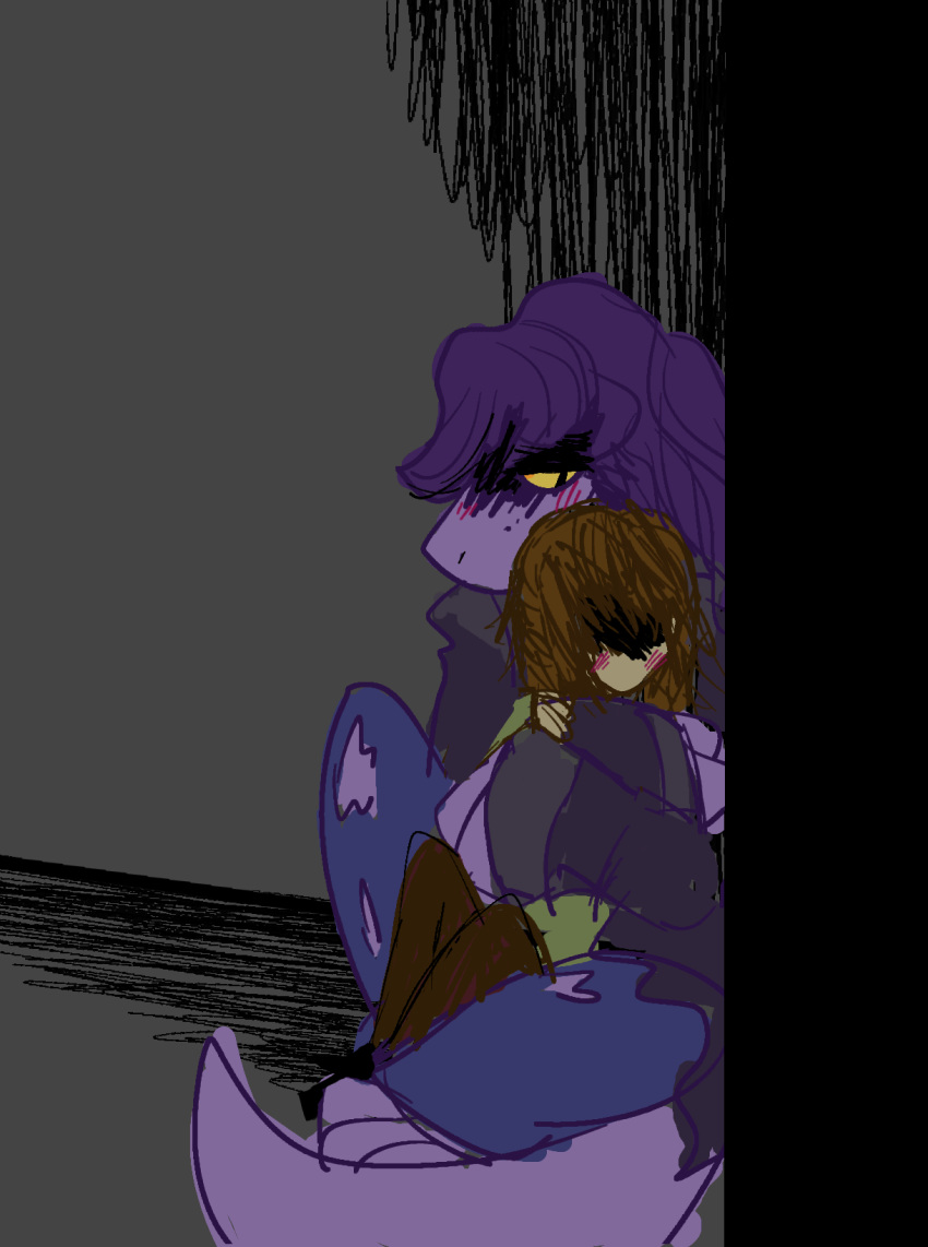 blush building clothed clothing cuddling dark_room deltarune digital_media_(artwork) dragon duo female flat_colors gallil grey_background hair hair_over_eyes holding_(disambiguation) hug human kris_(deltarune) lizard long_hair love male male/female mammal monster reptile romantic_couple scalie shadow simple_background sitting size_difference susie_(deltarune) yellow_eyes