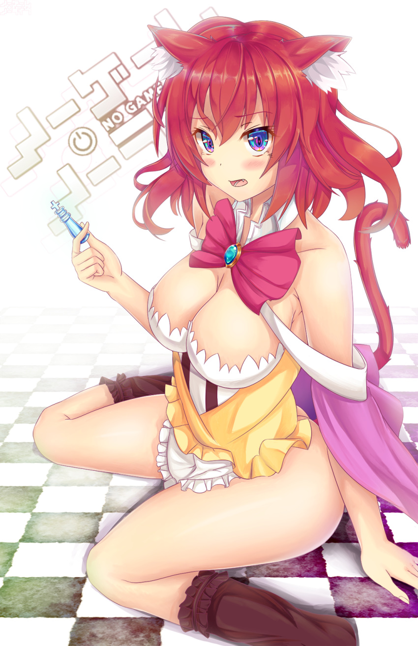 animal_ear_fluff animal_ears arm_support ass bare_shoulders blue_eyes blush boots bow bowtie breasts cat_ears cat_tail chess_piece cleavage commentary_request commission copyright_name detached_collar dress fang highres kaptivate kemonomimi_mode king_(chess) large_breasts looking_at_viewer multicolored multicolored_eyes no_game_no_life no_panties no_pants open_mouth pink_eyes red_hair short_hair sitting solo stephanie_dora tail wariza