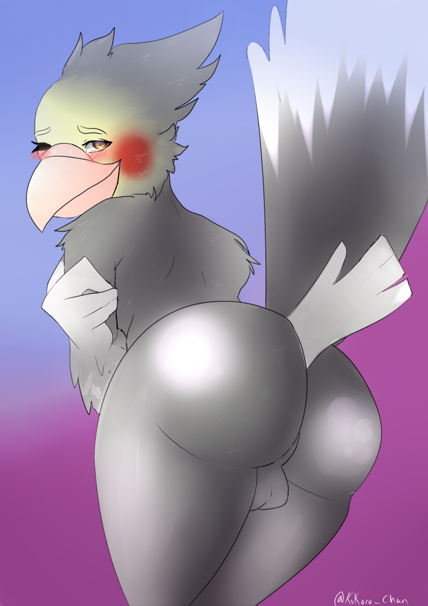 avian backsack balls butt kukoro_(artist) male one_eye_closed presenting presenting_hindquarters solo wink wren_(character)