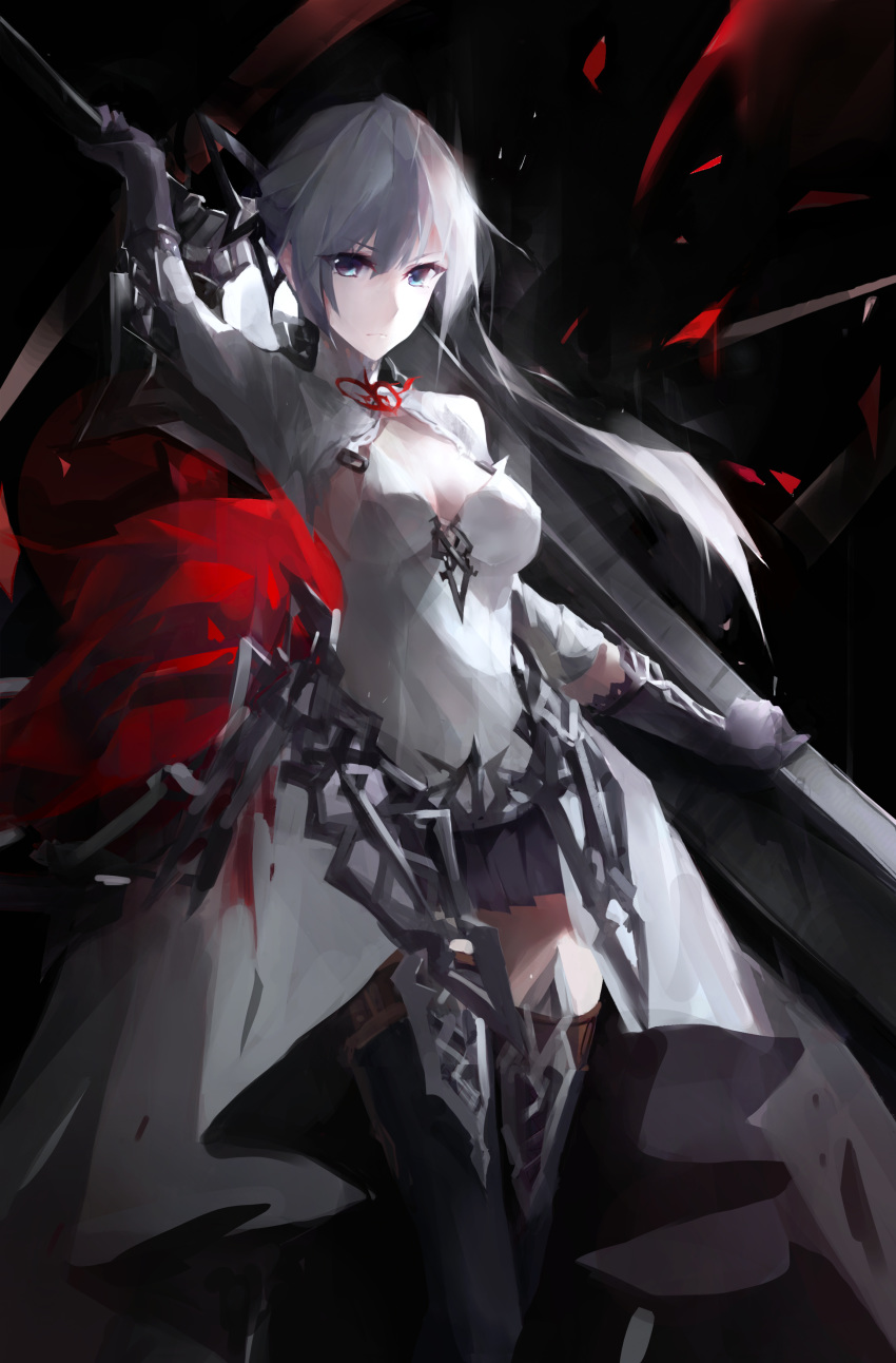 absurdres arm_up bangs blood bloody_clothes blue_eyes breasts cell_(acorecell) chain cleavage cleavage_cutout closed_mouth collarbone dress eyebrows_visible_through_hair gloves hand_on_sword highres holding holding_sword holding_weapon long_hair long_sleeves looking_at_viewer medium_breasts silver_hair simple_background sinoalice skirt snow_white_(sinoalice) solo sword thighhighs weapon white_dress zettai_ryouiki