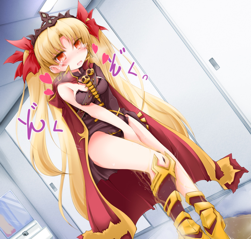 1girl anbee_(arary) armored_boots bangs between_legs black_leotard blonde_hair blush boots bow breasts breath cape crown detached_collar door dutch_angle earrings embarrassed ereshkigal_(fate/grand_order) eyebrows_visible_through_hair fate/grand_order fate_(series) female hair_bow hand_between_legs hands_together have_to_pee heart highres indoors japanese_text jewelry leotard long_hair looking_at_viewer medium_breasts open_mouth peeing peeing_self pigeon-toed puddle red_bow red_cape red_eyes single_sleeve skull smile solo speech_bubble standing steam strapless strapless_leotard tears tied_hair translation_request twintails v_arms very_long_hair wet wet_clothes yellow_footwear