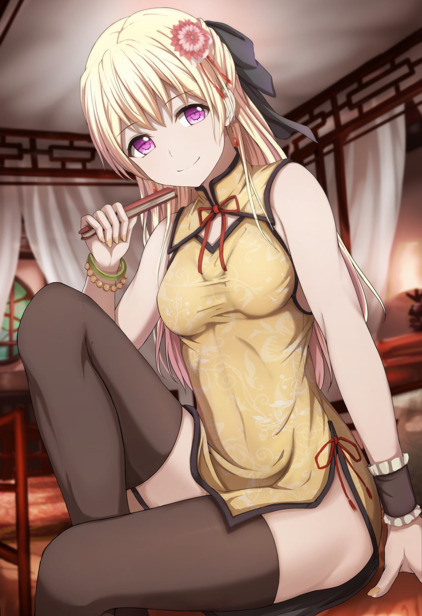 arm_support bang_dream! bangs bare_arms bare_shoulders bead_bracelet beads black_bow black_legwear blonde_hair blurry blurry_background bow bracelet breasts china_dress chinese_clothes closed_fan closed_mouth commentary_request curtains depth_of_field dress earrings fan flower folding_fan frilled_cuffs garter_straps hair_bow hair_flower hair_ornament half_updo hand_up highres holding holding_fan indoors jewelry knee_up lamp long_hair looking_at_viewer medium_breasts nail_polish narafume neck_ribbon pelvic_curtain purple_eyes red_neckwear ribbon shirasagi_chisato side_slit sidelocks sitting sleeveless sleeveless_dress smile solo taut_clothes thighhighs thighs window wrist_cuffs wristband yellow_dress yellow_nails