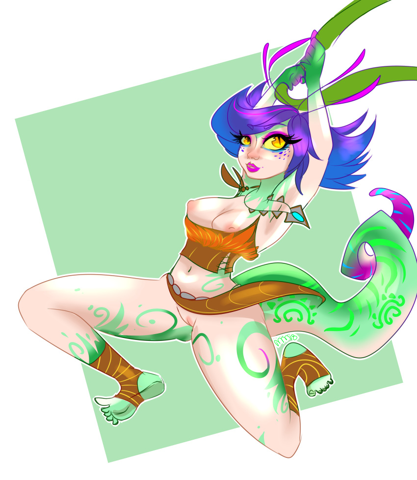 breasts hi_res invalid_tag jungle league_of_legends mooshmouse neeko pussy riot_games simple_background solo swinging video_games vines