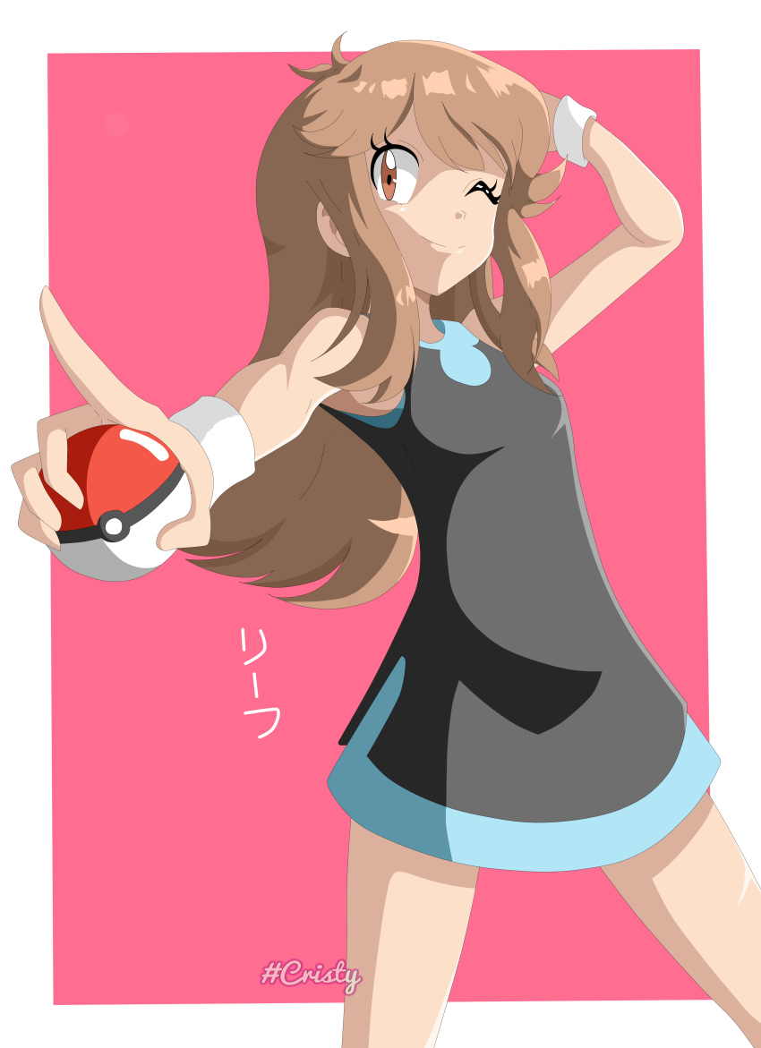 1girl absurdres arm_up artist_name black_dress blue_(pokemon) blue_(pokemon_lgpe) border breasts brown_eyes brown_hair creatures_(company) dress game_freak highres holding holding_poke_ball long_hair nintendo outstretched_arm pink_background poke_ball poke_ball_(generic) pokemon pokemon_(game) pokemon_lgpe simple_background sleeveless sleeveless_dress smile standing viper3n3n3_(cristy) watermark white_border