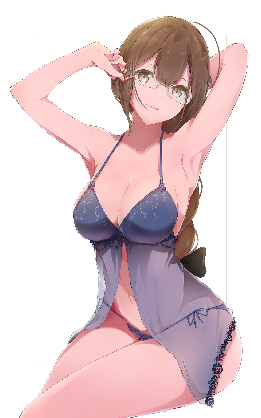 absurdres adjusting_eyewear ahoge arm_behind_head armpits arms_up babydoll bangs bare_arms bare_shoulders blue_babydoll blue_panties border bow braid breasts brown_bow brown_eyes brown_hair cleavage collarbone commentary_request fingernails glasses hair_between_eyes hair_bow highres idolmaster idolmaster_shiny_colors kuwayama_chiyuki lace lace-trimmed_panties large_breasts light_blush long_braid long_hair looking_at_viewer nail_polish navel okuzashiki outside_border panties parted_lips pink_nails rimless_eyewear see-through side-tie_panties simple_background single_braid sitting solo spaghetti_strap stomach string_panties underwear underwear_only very_long_hair white_background