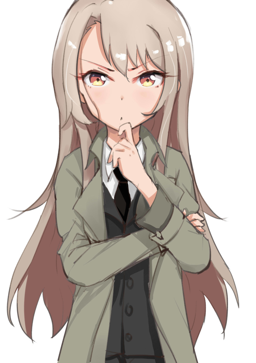 absurdres bangs black_neckwear black_vest brown_hair closed_mouth collared_shirt eyebrows_visible_through_hair fate/kaleid_liner_prisma_illya fate_(series) green_jacket hair_between_eyes highres illyasviel_von_einzbern jacket long_hair long_sleeves looking_at_viewer necktie open_clothes open_jacket pear_sauce red_eyes shirt simple_background solo v-shaped_eyebrows very_long_hair vest white_background white_shirt