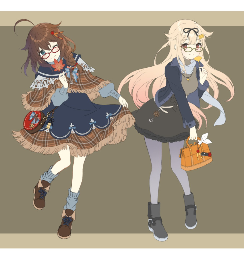 ahoge alternate_costume anchor_symbol bag black_ribbon black_skirt blue_eyes blue_jacket boots braid brown_footwear brown_hair commentary_request cross-laced_footwear dress full_body ginkgo_leaf glasses gradient_hair green-framed_eyewear grey_footwear grey_legwear grey_scarf grey_shirt hair_between_eyes hair_flaps hair_ornament hair_over_shoulder hair_ribbon hairclip highres holding holding_legs jacket kantai_collection leaf long_hair long_sleeves looking_at_viewer loose_socks maple_leaf multicolored_hair multiple_girls muted_color one_eye_closed pantyhose platinum_blonde_hair red-framed_eyewear red_eyes remodel_(kantai_collection) ribbon scarf shigure_(kantai_collection) shiosoda ship's_wheel shirt shoes simple_background single_braid skirt skirt_hold straight_hair very_long_hair yuudachi_(kantai_collection)