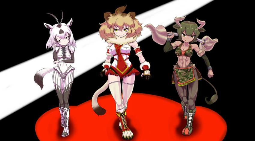 &gt;:) 3girls abs adapted_costume animal_ears antenna_hair arabian_oryx_(kemono_friends) armband arms_at_sides aurochs_(kemono_friends) bare_shoulders black_hair boots breasts brown_eyes brown_hair camouflage camouflage_print cleavage clenched_hand closed_mouth commentary_request corset covered_navel cow_ears cow_tail cross-laced_footwear dark_skin detached_sleeves expressionless eyebrows_visible_through_hair fangs fangs_out full_body fur_collar gauntlets green_hair hair_between_eyes half-closed_eyes hand_in_hair hand_on_own_arm hand_up highres holding holding_spear holding_weapon horns ishiba kemono_friends lace-up_boots leotard light_brown_hair lion_(kemono_friends) lion_ears lion_tail long_sleeves looking_at_viewer medium_hair multicolored_hair multiple_girls navel oryx_ears oryx_tail pants pantyhose pelvic_curtain pink_hair polearm short_hair shoulder-to-shoulder shoulder_armor slit_pupils smile spaulders spear sports_bra stomach tail thigh_gap thighhighs toned two-tone_hair v-shaped_eyebrows walking weapon wrestling_outfit yellow_eyes