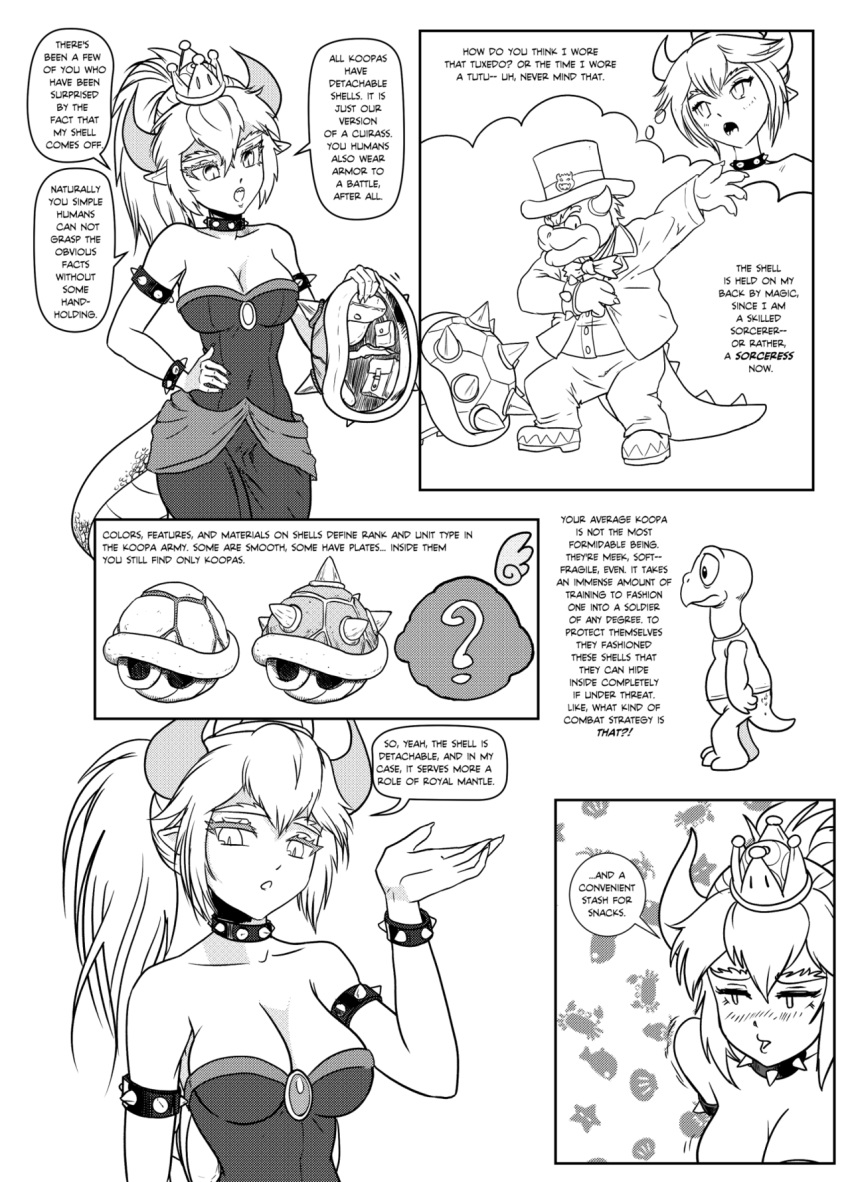 bag black_dress black_legwear bowser bowsette breasts comic commentary crown dress english_commentary greyscale highres koopa large_breasts mario_(series) monochrome pencils_(artist) shell super_crown
