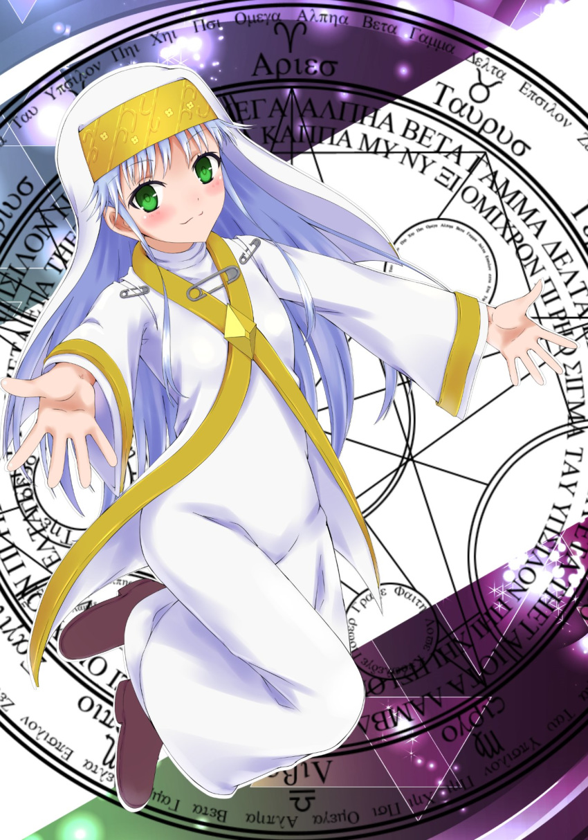 blue_hair commentary_request full_body green_eyes habit highres index long_hair looking_at_viewer magic_circle nun outstretched_arms robe safety_pin smile solo to_aru_majutsu_no_index tounaeu2517