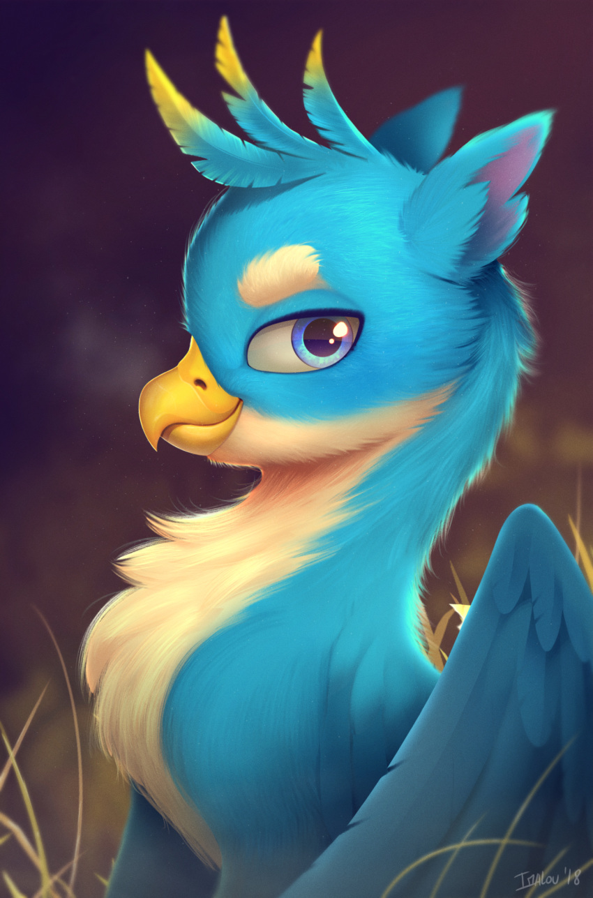 2018 avian beak blue_eyes digital_media_(artwork) feathered_wings feathers feral friendship_is_magic gallus_(mlp) gryphon hi_res imalou looking_at_viewer male my_little_pony signature solo wings yellow_beak