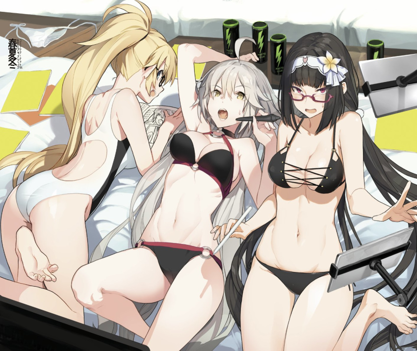 abs ahoge akinashi_yuu arm_up ass bangs barefoot bikini black_bikini black_hair blonde_hair blue_eyes blunt_bangs breasts choker commentary_request competition_swimsuit energy_drink eyebrows_visible_through_hair fate/grand_order fate_(series) flower glasses hair_flower hair_ornament hairband jeanne_d'arc_(alter_swimsuit_berserker) jeanne_d'arc_(fate)_(all) jeanne_d'arc_(swimsuit_archer) long_hair looking_at_viewer low_twintails lying medium_breasts multiple_girls navel o-ring o-ring_bikini o-ring_bottom o-ring_top on_back on_stomach one-piece_swimsuit open_mouth osakabe-hime_(fate/grand_order) pink_eyes pom_pom_(clothes) ponytail profile silver_hair smile stylus sweatdrop swimsuit twintails very_long_hair white_swimsuit yellow_eyes