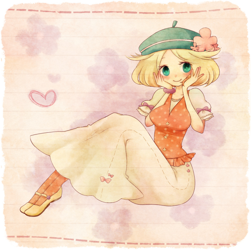 bel_(pokemon) blonde_hair blush bow breasts commentary_request daijoubu_da_mondai_nai dress flower full_body green_eyes green_hat hands_on_own_cheeks hands_on_own_face hat hat_flower heart highres knees_up looking_at_viewer medium_hair orange_legwear pantyhose pink_bow pink_flower pink_wristband pokemon pokemon_(game) pokemon_bw shiguri short_hair short_sleeves sitting skirt smile solo white_skirt yellow_footwear