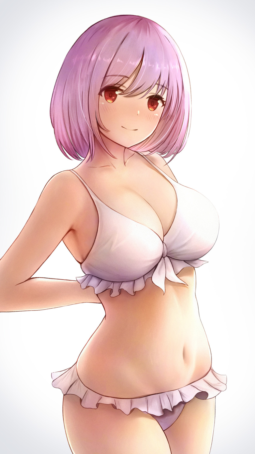absurdres arms_behind_back bangs bare_shoulders bikini blush breasts cleavage closed_mouth collarbone commentary_request curvy eyebrows_visible_through_hair fou_zi frilled_bikini frills highres large_breasts legs_together looking_at_viewer navel orange_eyes pink_hair revision shinjou_akane short_hair simple_background smile ssss.gridman standing swimsuit white_background white_bikini