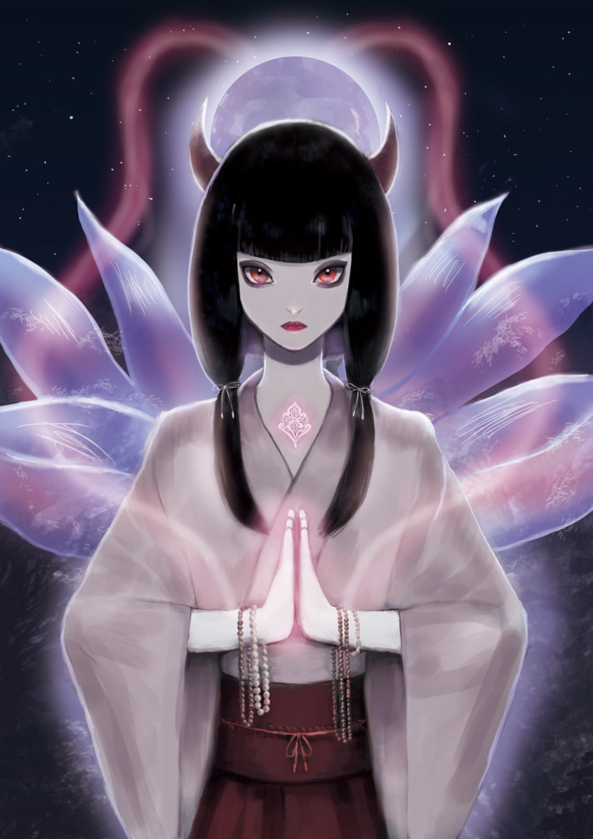 bad_id bad_twitter_id bangs beads black_hair blunt_bangs character_request closed_mouth commentary_request copyright_request expressionless full_moon highres horns japanese_clothes kimono kuromitsu long_sleeves looking_at_viewer low_twintails moon multiple_tails night night_sky pink_eyes pink_lips red_sash red_skirt skirt sky solo star_(sky) starry_sky tail twintails white_kimono white_skin wide_sleeves
