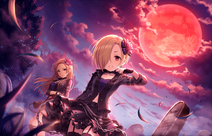 artist_request belt black_gloves black_legwear black_skirt blonde_hair bow breasts brown_eyes brown_hair chain choker closed_mouth cloud dutch_angle earrings evening gloves grass hair_over_one_eye highres idolmaster idolmaster_cinderella_girls idolmaster_cinderella_girls_starlight_stage jewelry leaf long_hair looking_at_viewer matsunaga_ryou multiple_girls official_art open_mouth outdoors shirasaka_koume short_hair skirt sky small_breasts smile standing thigh_strap thighhighs tombstone tree twilight