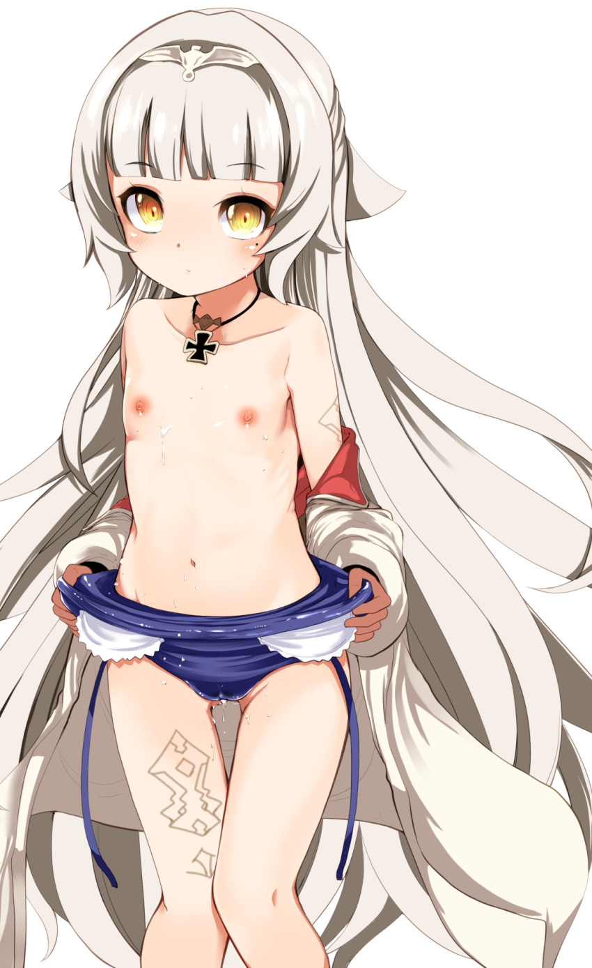 azur_lane bangs bare_shoulders blue_swimsuit blunt_bangs blush brown_gloves cameltoe closed_mouth collarbone commentary_request eyebrows_visible_through_hair flat_chest gloves grey_hair groin headpiece highres iron_cross jacket long_hair long_sleeves looking_at_viewer mole mole_under_eye navel nipples one-piece_swimsuit puffy_long_sleeves puffy_sleeves pulled_by_self solo swimsuit swimsuit_pull takara_akihito thigh_gap very_long_hair white_jacket yellow_eyes z46_(azur_lane)