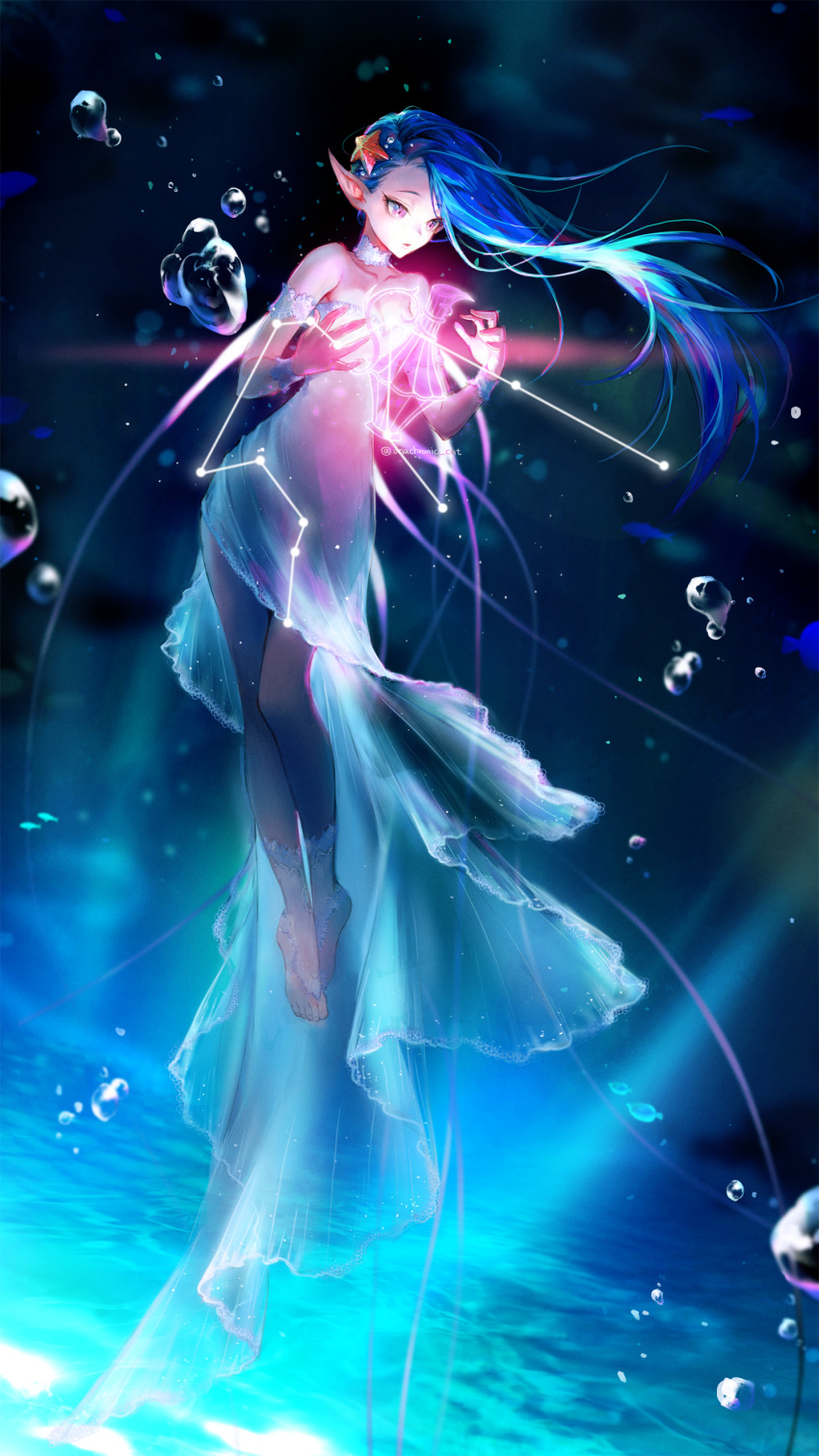 absurdres bare_shoulders barefoot blue_hair bubble choker collarbone commentary_request constellation dark_background dress full_body hands_up highres long_hair original pointy_ears purple_eyes solo starfish_hair_ornament twitter_username water white_choker white_dress yuri_(anachronic)