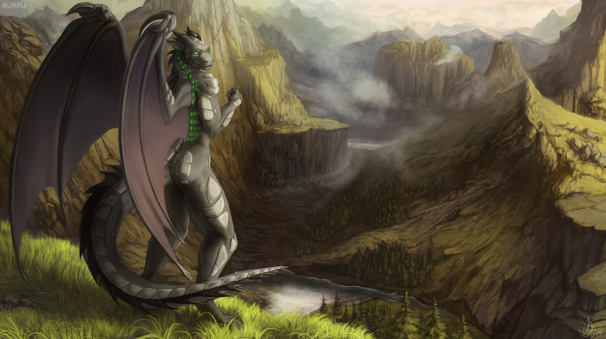 2018 anthro aurru day detailed_background digital_media_(artwork) dragon grass green_eyes horn male membranous_wings nude outside scalie sky solo spines western_dragon wings