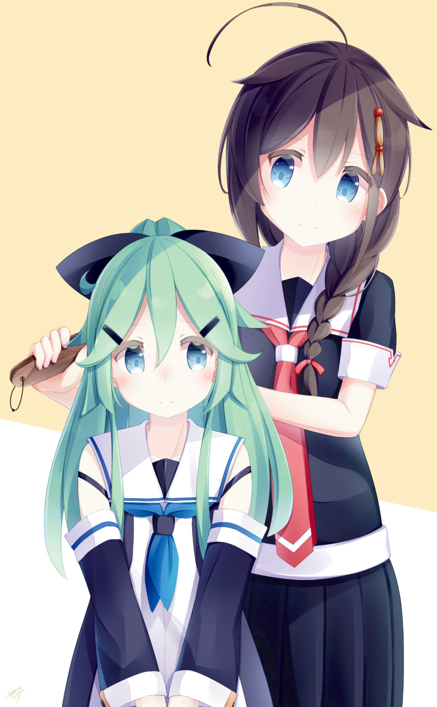 ahoge bangs black_ribbon black_serafuku black_skirt blue_eyes blue_neckwear blue_ribbon braid brown_hair closed_mouth comb combing commentary_request detached_sleeves eyebrows_visible_through_hair green_eyes green_hair hair_between_eyes hair_flaps hair_ornament hair_over_shoulder hair_ribbon hairclip highres kantai_collection lauryl long_hair multiple_girls neckerchief parted_bangs pleated_skirt ponytail red_neckwear remodel_(kantai_collection) ribbon sailor_collar school_uniform serafuku shigure_(kantai_collection) sidelocks simple_background single_braid skirt smile standing white_sailor_collar yamakaze_(kantai_collection)