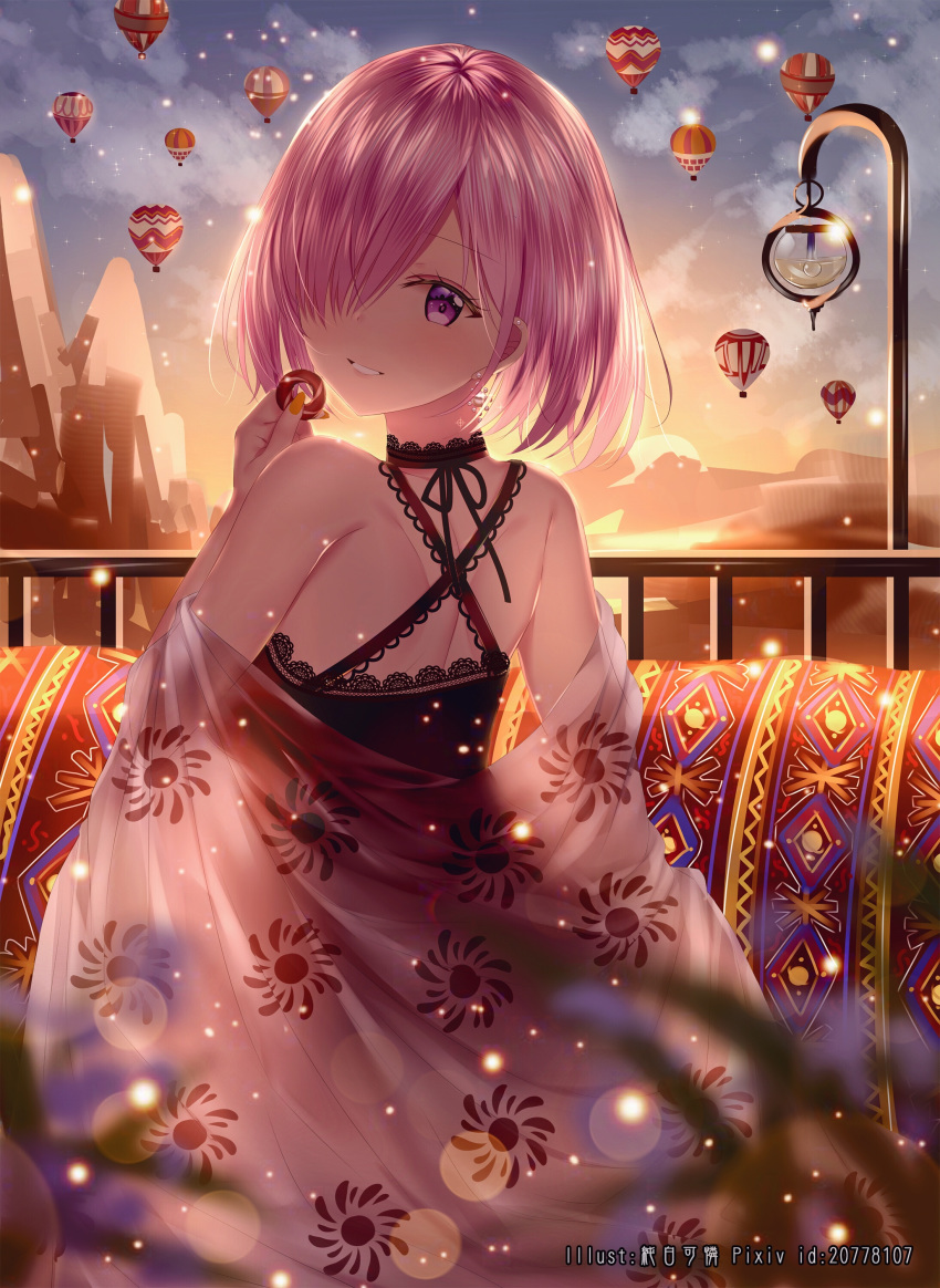 absurdres aircraft backlighting bangs bare_shoulders black_choker black_dress black_ribbon blue_sky blush choker cloud cloudy_sky dress earrings eyebrows_visible_through_hair fate/grand_order fate_(series) hair_over_one_eye hand_up head_tilt highres holding hot_air_balloon jewelry junpaku_karen looking_at_viewer looking_back mash_kyrielight md5_mismatch outdoors parted_lips pink_hair pixiv_id purple_eyes railing ribbon see-through short_hair sky smile solo sunset
