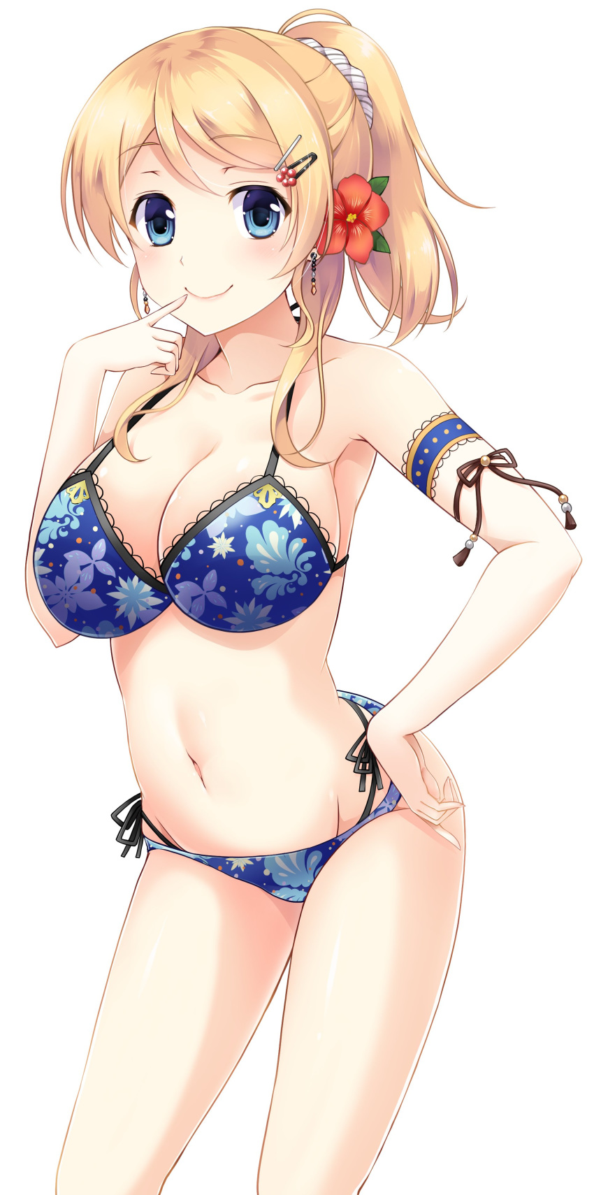absurdres arm_strap ayase_eli bikini black_ribbon blonde_hair blue_bikini blue_eyes blush breasts cleavage collarbone eyebrows_visible_through_hair finger_to_mouth floral_print flower groin hair_flower hair_ornament hairclip hand_on_hip hibiscus high_ponytail highres index_finger_raised ishigami_kazui large_breasts long_hair looking_at_viewer love_live! love_live!_school_idol_project multi-strapped_bikini navel print_bikini red_flower ribbon sideboob sidelocks simple_background smile solo standing swimsuit white_background