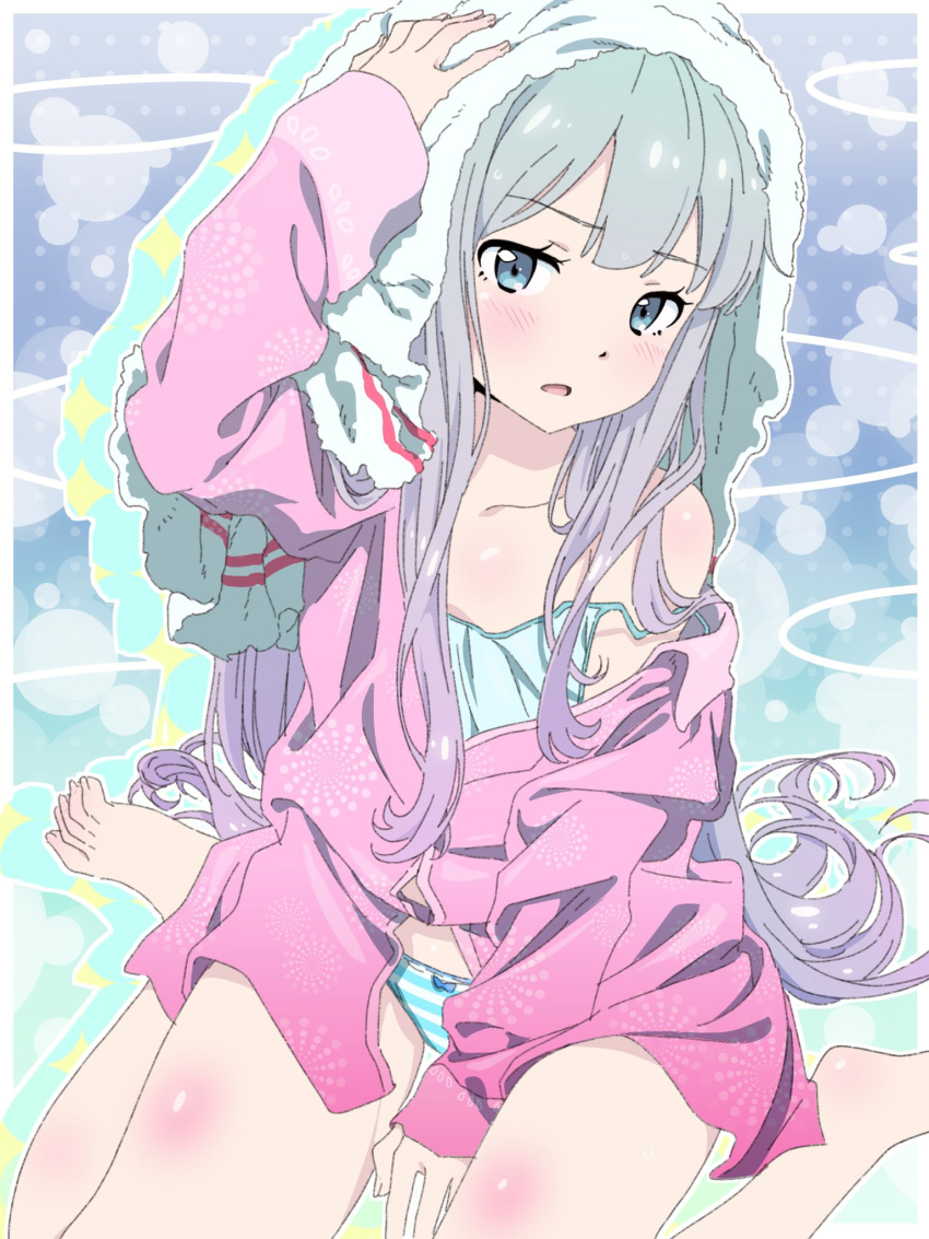 barefoot blue_bow blue_eyes blush bow bow_panties collarbone eromanga_sensei eyebrows_visible_through_hair flat_chest gradient_hair highres izumi_sagiri long_hair long_sleeves looking_at_viewer multicolored_hair off_shoulder open_clothes open_mouth open_shirt panties pink_hair pink_shirt pink_x print_shirt shiny shiny_hair shirt silver_hair sitting solo striped striped_panties towel towel_on_head two-tone_hair underwear wariza white_towel