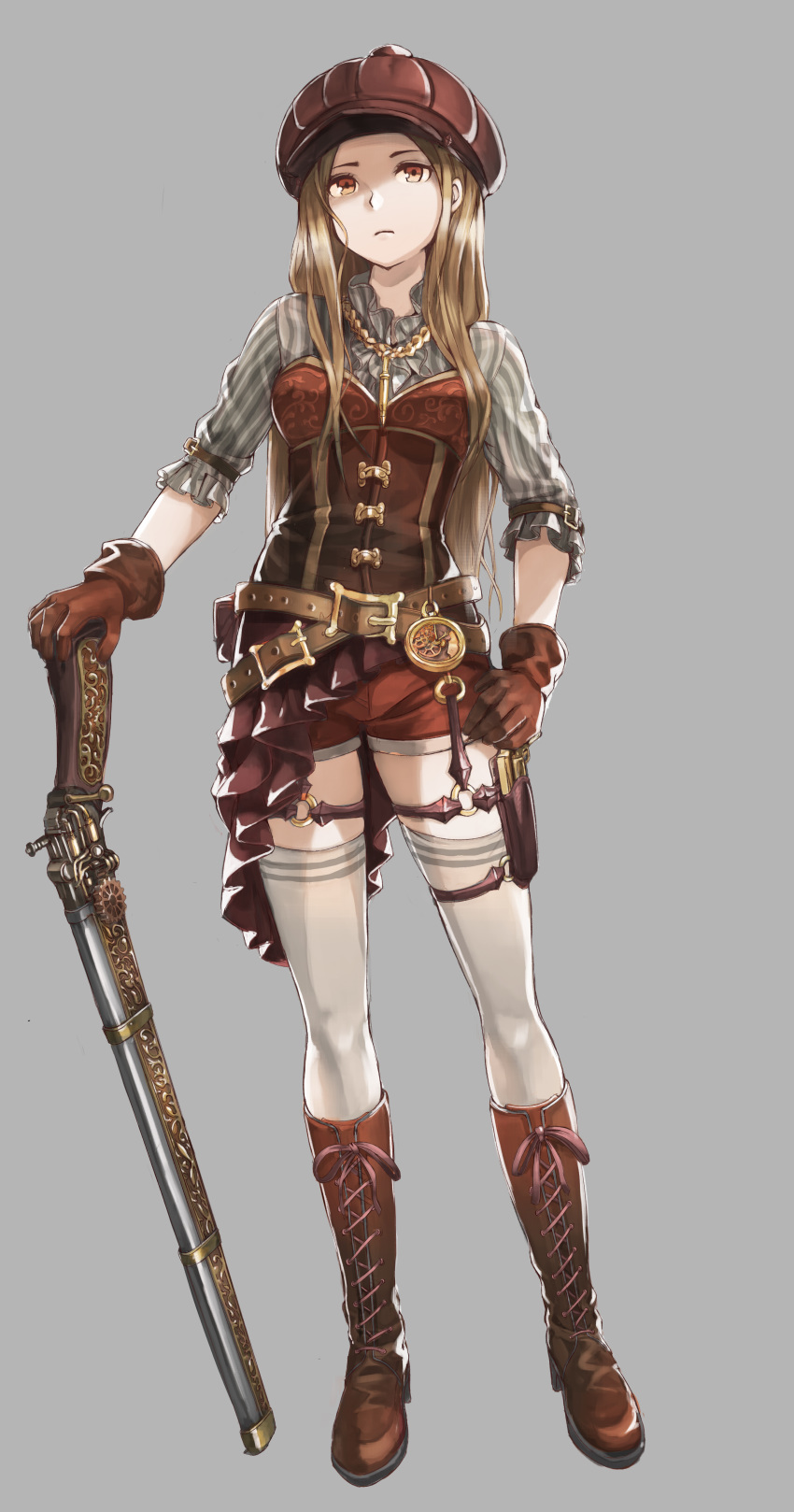 absurdres belt blonde_hair boots cabbie_hat full_body gloves gun handgun hat highres holster holstered_weapon jewelry knee_boots kty_(jarijarikun) long_hair necklace orange_eyes original revolver short_shorts shorts simple_background solo steampunk thigh_holster thighhighs weapon zettai_ryouiki