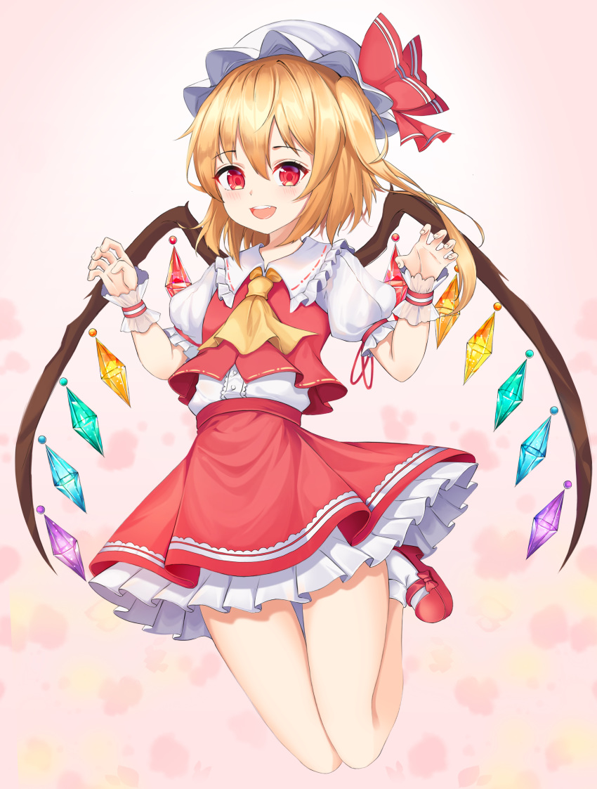 :d absurdres ascot blonde_hair bonnet bow dress_shirt eyebrows_visible_through_hair flandre_scarlet full_body hair_between_eyes hat hat_bow highres lebring legs_up mary_janes miniskirt open_mouth pink_background pleated_skirt red_bow red_eyes red_footwear red_ribbon red_skirt ribbon shirt shoes short_hair_with_long_locks short_sleeves side_ponytail skirt smile socks solo touhou white_hat white_legwear white_shirt white_skirt wings wrist_cuffs yellow_neckwear