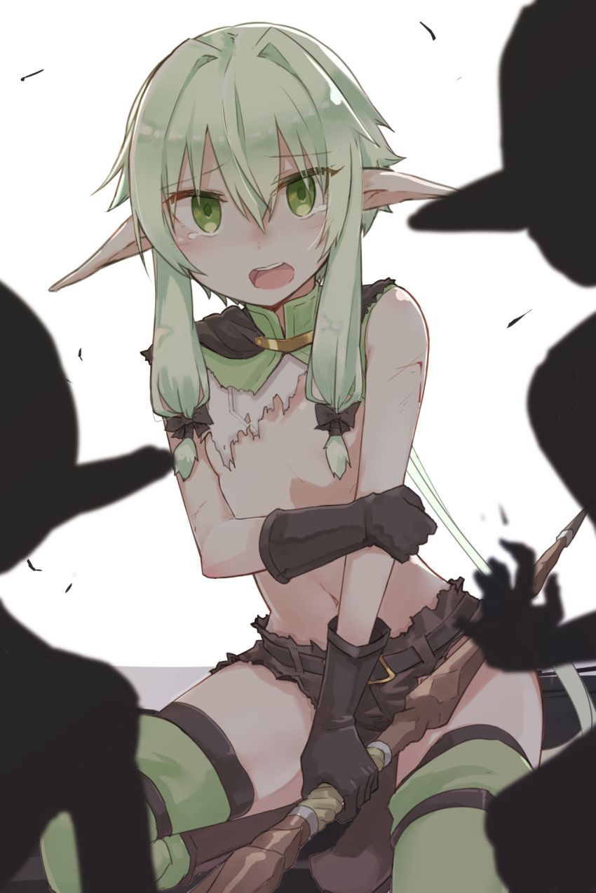 1girl 2boys blood blush bow_(weapon) covering covering_breasts elf flat_chest goblin goblin_slayer! green_eyes green_hair high_elf_archer_(goblin_slayer!) imminent_rape looking_at_viewer multiple_boys navel open_mouth pointy_ears shadow short_shorts shorts sidelocks tears topless torn_clothes torn_shorts weapon yopan_danshaku you_gonna_get_raped